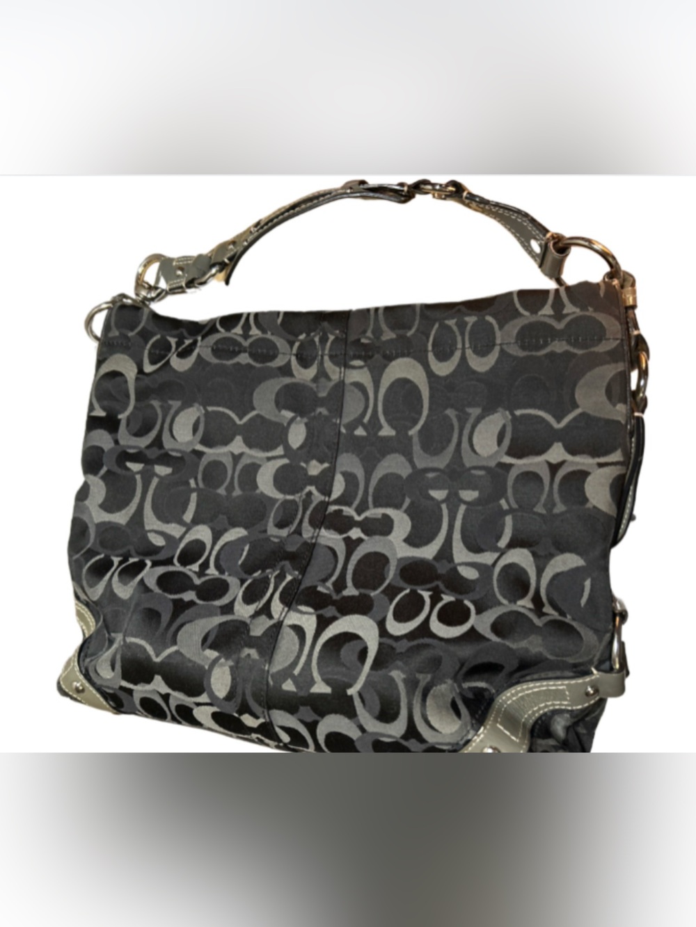 Coach Carly signature jacquard hobo black l& gray bag with chunky silver EUC